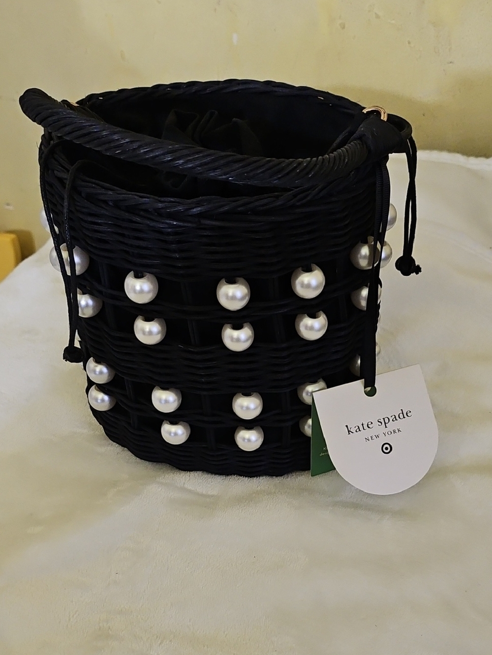 kate spade Black Woven Pearl-Studded Bucket Shoulder Bag. From Target